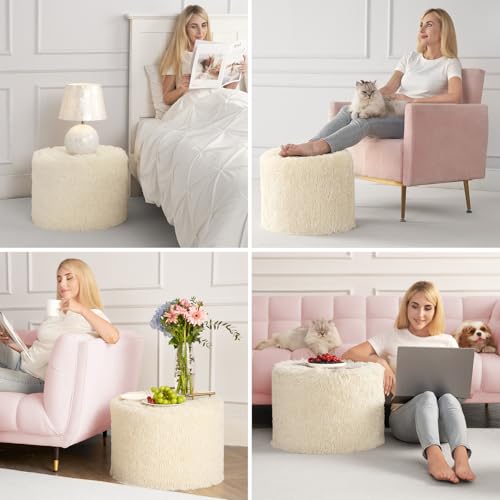 Hansleep Round Pouf Ottoman Foot Rest, Footstool | High-Density One-Piece Foam, Firm & Stable, for Couch, Bedroom, Living Room, Machine Washable Cover - color: Beige, size: 17"D x 17"W x 14"H
