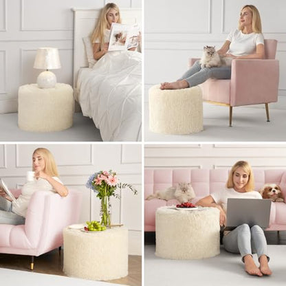 Hansleep Round Pouf Ottoman Foot Rest, Footstool | High-Density One-Piece Foam, Firm & Stable, for Couch, Bedroom, Living Room, Machine Washable Cover - color: Beige, size: 17"D x 17"W x 14"H