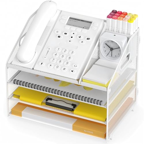 Letter Tray Paper, 4 Tier Desk Organizer with Pen Holder and Handle, Mesh File Organizer Paper Sorter Metal Desktop Document Shelf for Office Home Classroom - White - color: 4 Tier-white
