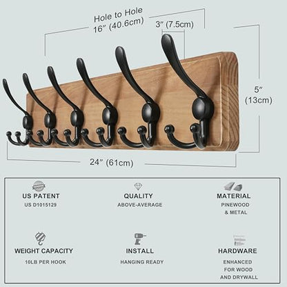Dseap Coat Rack Wall Mounted - 24" Long 6 Tri Hooks, Heavy Duty Wooden Wall Coat Hanger Coat Hook for Clothes Hat Jacket Clothing, Weathered Yellow and Black - color: Weathered Brown & Black, size: L=24"