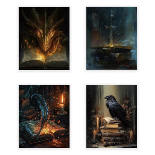 CRAFTYMELODY Book Dragon Bird Wall Art Prints Set of 4 Dark Style Fantasy Magic Poster Wall Decor Book Lover Artworks for Living Room Bedroom Classroom Office Decoration 8x10 Inch Unframed - color: Dark Dragon