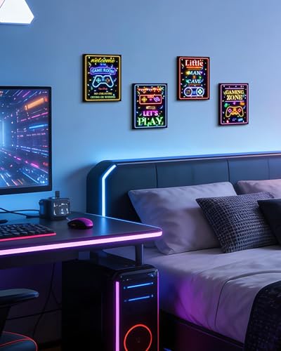 Video Game Decor for Teen Boys Gaming Wall Neon Sign Gamer Room Welcome Little Man Cave Teenage Bedroom Posters Decor Ready to Hang Set of 4, 8x10in (Framed) - size: 10L" x 8W" x 4 Panels