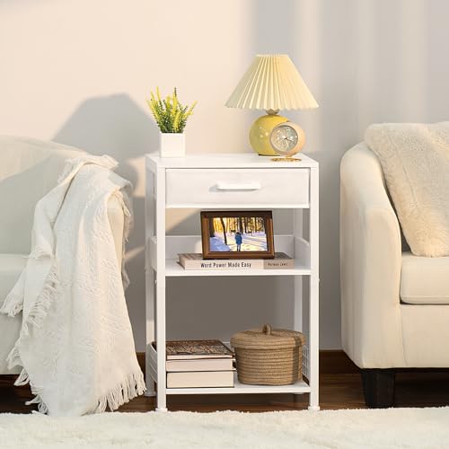 Lerliuo White Printer Stand with Fabric Drawer, 3 Tier Industrial Side Table, Modern Small Printer Desk Holder with Storage Shelf,Multi-Functional Bedside Tables for Home Office Fax Machine Scanner - color: White