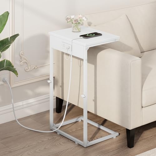 Vagusicc C Shaped End Table with Charging Station, Adjustable Height Side Table for Couch, Small End Table Small Spaces, 33.2'' Tall Couch Tables that Slide Under, Tv Tray Table for Living Room, White - color: White (1 Pack), style: With Plug