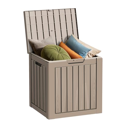 Outdoor Storage Box Waterproof, 35 Gallon Lockable Resin Deck Box Small, Patio Storage Bin for Pool Accessories Cushion Furniture, Garden Tools, UV-Resistant Outside Delivery Grey - color: Grey, size: 35 Gallon