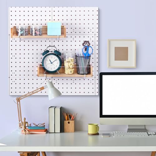 Marsui 2 Pcs Wooden Pegboard Shelf with Acrylic 12.2 x 3.94 Inch Wood Display Shelves Brackets with Metal Hooks Heavy Duty Pegboard Accessories for Storage and Organization - color: Wood