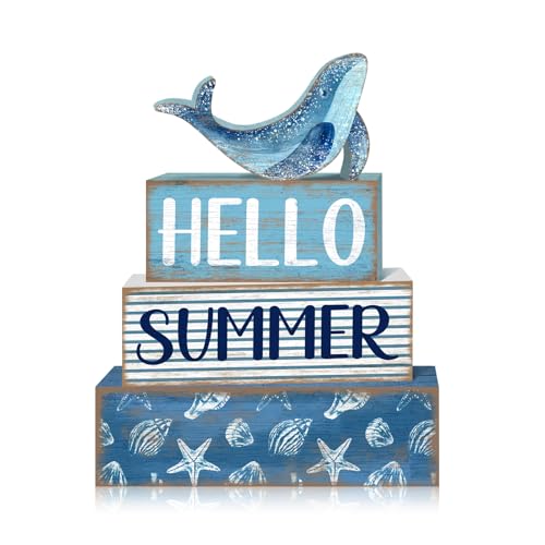 Britimes 4 Pcs Summer Wooden Tiered Tray Decor Set, Ocean Whale Table Decor Rustic Farmhouse Coastal Wood Coffee Table Centerpieces for Home Kitchen Office Decorations (Sea Style) - style: Sea