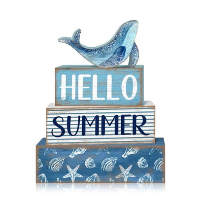 Britimes 4 Pcs Summer Wooden Tiered Tray Decor Set, Ocean Whale Table Decor Rustic Farmhouse Coastal Wood Coffee Table Centerpieces for Home Kitchen Office Decorations (Sea Style) - style: Sea