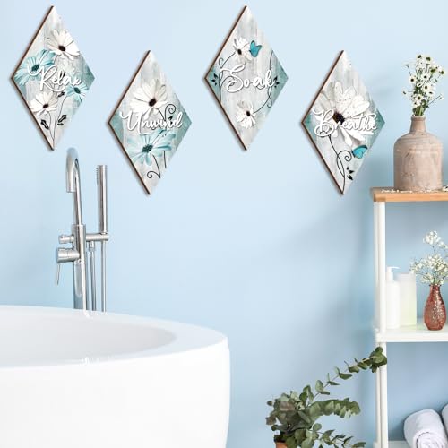 FairySandy 4 Pcs Boho Bathroom Wall Decor 11.8 x 6.69 Inch Bohemian Restroom Wall Art Bathroom Rustic Decoration Farmhouse Minimalist Relax Soak Unwind Breathe Sign for Bedroom Living Room(Tulip) - style: Tulip