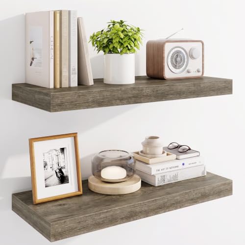 Marsmiles 24" Floating Shelves for Wall, Wooden Shelves with Invisible Brackets Set of 2, Rustic Farmhouse Wall Mounted Shelf for Kitchen Bathroom Living Room Study, Grey - color: Grey, size: 24"