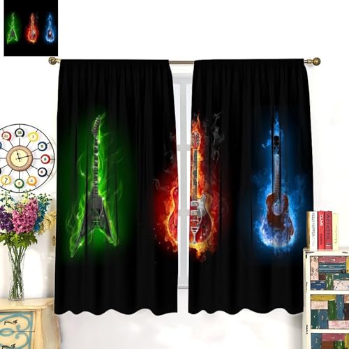 Guitar Curtains, Fire Burning Electric Guitar Rock Music Theme Window Curtains Drapes for Bedroom Living Room Home 42" W X 45" L(No Blackout) - color: Musical-1, size: 20.5"W x 45"L (Pack of 2)