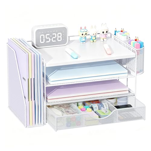 gianotter Wood Desk Organizers and Accessories with File Holder, 4-Tier Desk Accessories & Workspace Organizers with Drawer and 2 Pen Holder, Desk Reference Organizer (White, 4T with Metal Drawer) - color: White, size: 4T with Metal Drawer
