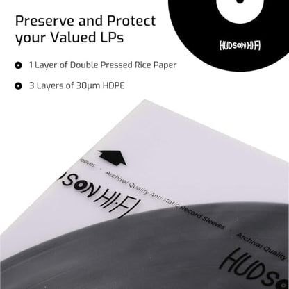Hudson Hi-Fi Anti-Static Vinyl Record Sleeves - Durable Clear Disc Sleeves- Protect Your LP Albums from Scratches, Dust & Dirt - Acid-Free Rice Paper Disc Covers, 50x Inner Sleeves - size: 50 Inner Sleeves