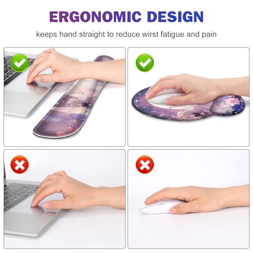 Large Desk Mat, Gaming Mouse Pad, Desk Pad Protector, XXL Mousepad + Keyboard Wrist Rest+Mouse Wrist Rest+Coaster Set with Ergonomic Desk Pad for Home Office PC Computer, Pastel Purple Flower Moon - color: Pastel Purple Flower Moon