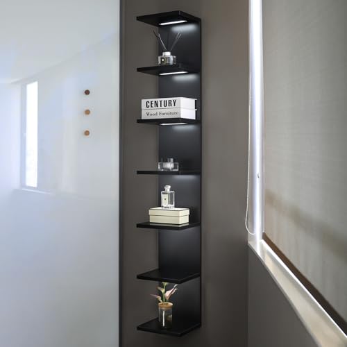 7 Tier Wall Shelves with Led Light, Lack Wall Shelf Unit, Vertical Shelf with Remonte Control,Black Shelves - color: 7 Tier Black