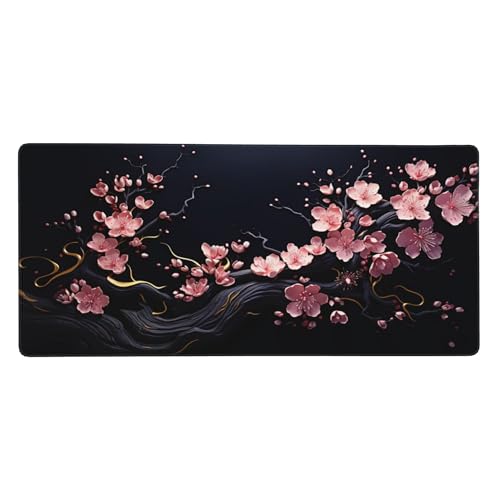 Extra Large Mouse Pad, Cherry Blossom Design, Non-Slip Rubber Base, Stitched Edges, 35.4 x 15.7 Inches, for Gaming and Office - color: plum blossoms