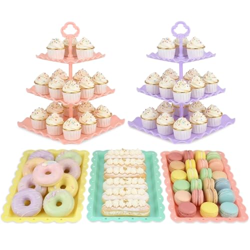 NWK 5 Piece Cake Stand Set with 2 x Large 3-Tier Cupcake Stands, 3 x Appetizer Trays, for Wedding Birthday Baby Shower Tea Party Decorations (Colorful) - color: Colorful