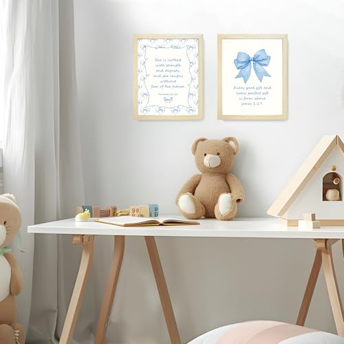 LARTSFRO Coquette Blue Bow Jesus Wall Art Decor Posters, Light Blue Bow Room Bedroom Bathroom Dorm Wall Art Decor Aesthetic for College Teen Girls Gifts, Inspirational Bible Verses Bow Wall Decor, 10x8 Inch Set of 4 Bow Pictures (WOOD-GRAIN IMITATION FRAM