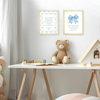 LARTSFRO Coquette Blue Bow Jesus Wall Art Decor Posters, Light Blue Bow Room Bedroom Bathroom Dorm Wall Art Decor Aesthetic for College Teen Girls Gifts, Inspirational Bible Verses Bow Wall Decor, 10x8 Inch Set of 4 Bow Pictures (WOOD-GRAIN IMITATION FRAM