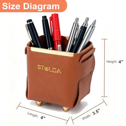 Pen Pencil Holder for Desk,Makeup Brush Holder Organizer for Desk, Brown Vegan Leather, Gold-Tone Accents, Stylish Desktop Organizer