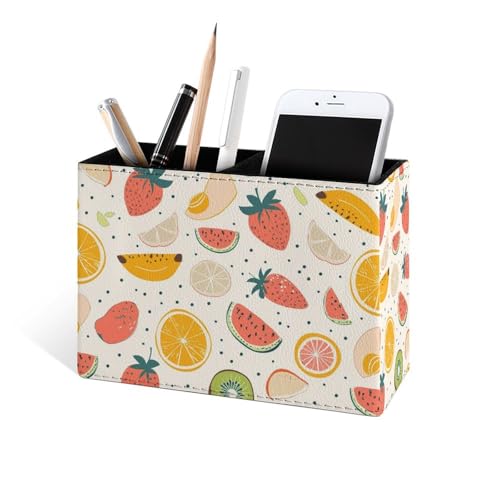 Famame Fruits Orange Strawberry Pencil Holder for Desk, Leather Desktop Container Pen Cup Storage Study Table Pen Organizer Makeup Brush Holder for Classroom Office Home - color: Fruits Orange Strawberry
