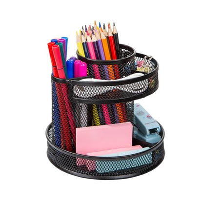 Comix 360° Rotating Pen Holder for Desk, 9 Compartments Office Desk Organizer, Black Mesh Metal Pencil Holder Cup for Office Home School - color: B2051