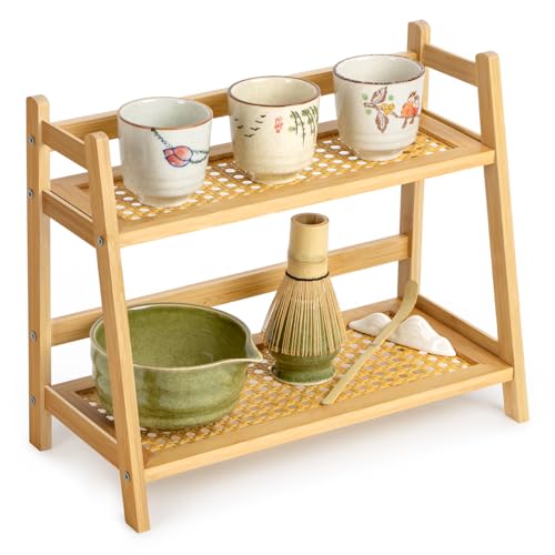 ANBOXIT Rattan-Look Matcha Station Organizer, Countertop Bamboo Tea & Coffee Accessories Station Organizer, 2 Tier Mug Holder Display Stand for Kitchen Condiment, Home, Office - color: Natural