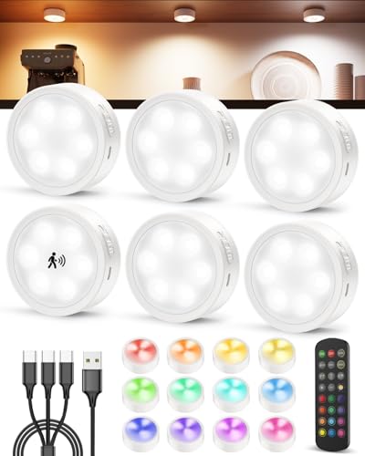2400mAh USB Rechargeable Puck Lights, RGB Motion Sensor Closet Light | Color Changing, Magnetic,Timer, Wireless Stick On Under Cabinet Lighting for Kitchen Cupboard, Stair, Shelf, Bookcase, Pantry - color: White