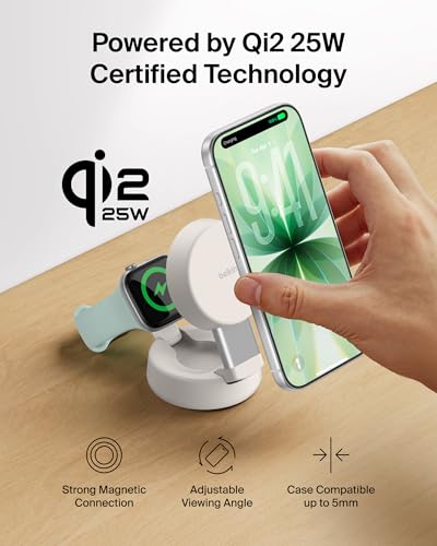 Belkin MagSafe Charger Compatible, 2-in-1 Wireless Charging Station, Qi2.2 25W Convertible Magnetic Charger for iPhone 17, Apple Watch Series 10, Google Pixel 10, and More (45W Adapter Included) - color: Sand, style: 2 in 1