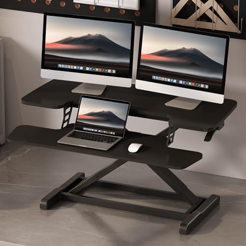 FLEXISPOT Standing Desk Converter 36" Desk Riser, Height Adjustable Desktop Riser Sit Stand Computer Workstation, Spacious Stand Up Desk Converter for Laptop Keyboard and Monitor Setup, Black - color: Black, size: 36"
