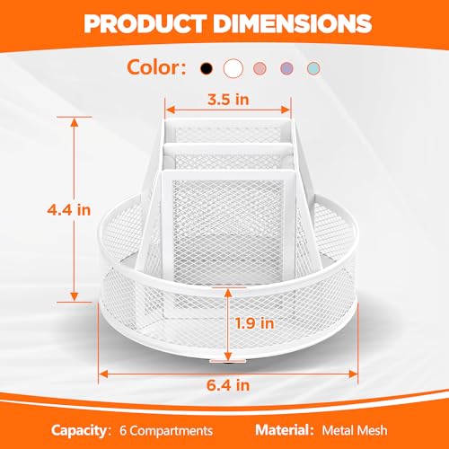 Docnest 360° Rotating Pen Holder,Heavy-Duty Metal Mesh Desk Organizer with 6 Compartments for Pencils,Scissors & Markers –Space Saving Office Supply for Teachers, Students & Home Desk-White - color: White