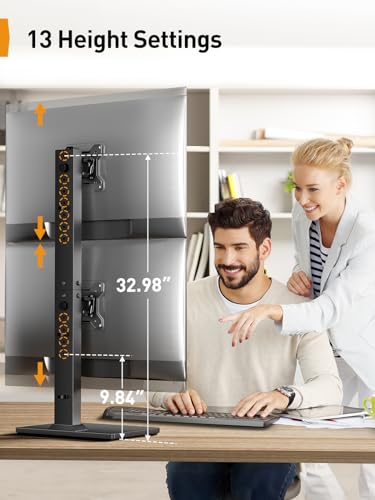 Perlegear Dual Vertical Monitor Stand for 13-40 inch Screen, 13 Height Settings, Dual Computer Stand with 360 Degree Rotation, Up to 44 lbs, Max VESA 100x100mm, PGTVS30 - style: Dual Monitor Stand