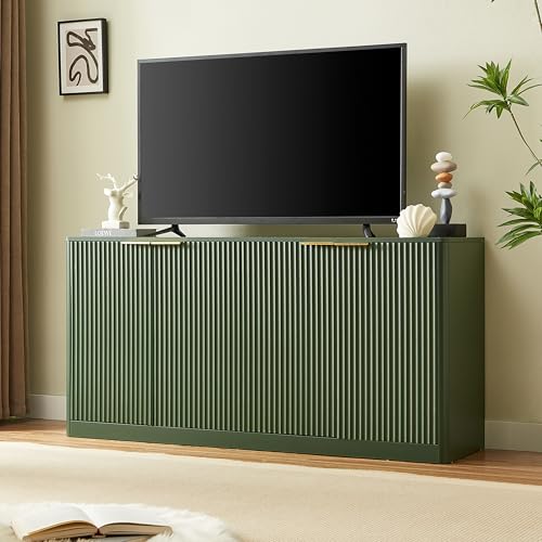 59" Buffet Sideboard Cabinet with Storage, Modern Fluted Accent Credenza with Shelves, Wood TV Console Stand 4 Doors, Sideboards for Office Living Room Hallway Kitchen, Green - color: Green-59.0"l 4 Doors
