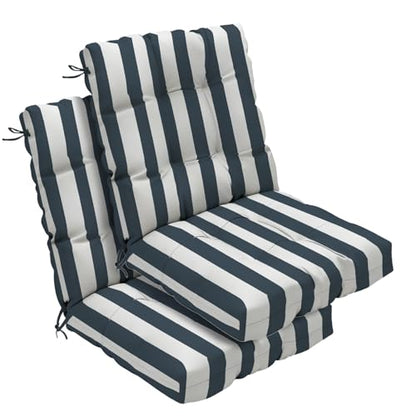 Outdoor Chair Cushions Set of 2, 42x21x4 Inch Patio Cushion for Dining/Rocking Chairs, High Back Soft Seat Pad with Ties, Fade-Resistant & Waterproof, Dark Blue White Stripes - color: Dark Blue White Stripes