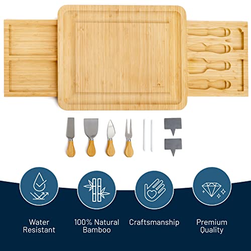 RoyalHouse Unique Bamboo Cheese Board & Knife Set with 2 Slide-Out Cutlery Drawers - Charcuterie Boards Set - Gifts for Women Birthday, Wedding Couples 2025, Bridal Shower - style: Large Cheese Board Set