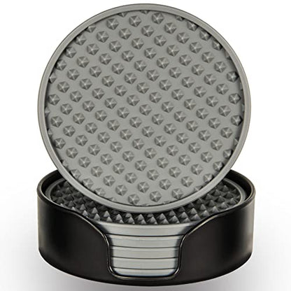 Coasters for Drinks 6 Pcs Drink Coaster with Holder,Heat Resistant Silicone Cup Mat Tabletop Protection,Non-Slip Rubber Coasters for Kinds of Cups (Grey) - color: Gray-plastic Holder
