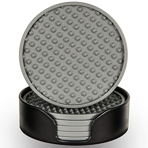 Coasters for Drinks 6 Pcs Drink Coaster with Holder,Heat Resistant Silicone Cup Mat Tabletop Protection,Non-Slip Rubber Coasters for Kinds of Cups (Grey) - color: Gray-plastic Holder