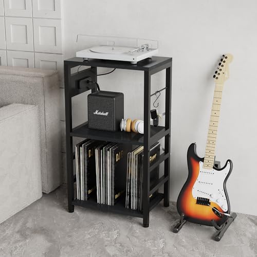 YAKANJ End Table with LED Light,Record Player Stand with Charging Station,Vinyl Records Storage,Turntable Stand Albums Storage for Music Room Studio-Industry Black - color: Industry Black