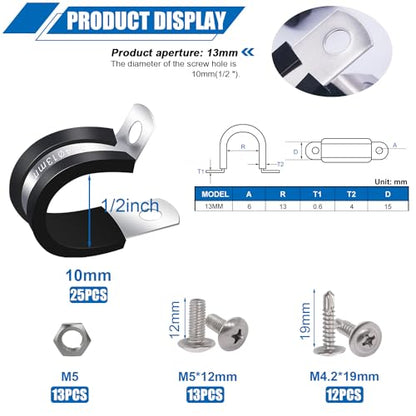 Twidec/50PCS 1/2 Inch Cable Clamp 304 Stainless Steel Rubber Coated Cushion Pipe Clamps,Metal Clamp,With Metal Rubber Clips For Automotive Wire Tube Pipe Clamps N-056-1/2 - size: 1/2 Inch - 50 PCS