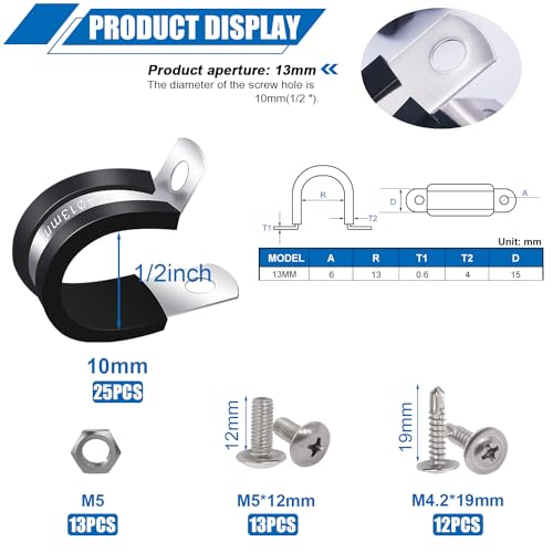 Twidec/50PCS 1/2 Inch Cable Clamp 304 Stainless Steel Rubber Coated Cushion Pipe Clamps,Metal Clamp,With Metal Rubber Clips For Automotive Wire Tube Pipe Clamps N-056-1/2 - size: 1/2 Inch - 50 PCS