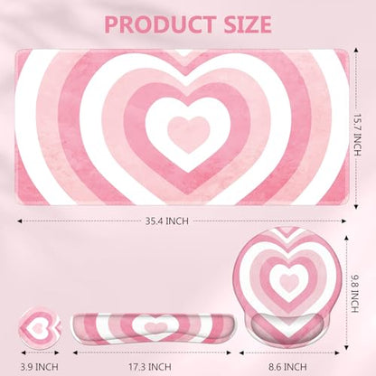 iLeadon Pink Desk Mat, Desk Pad + Pink Mouse Pad with Wrist Rest + Keyboard Wrist Rest + Coaster, 4in1 Mouse Pad Set, Mouse and Keyboard Pad for Home Office, Heart Pink - color: Heart Pink