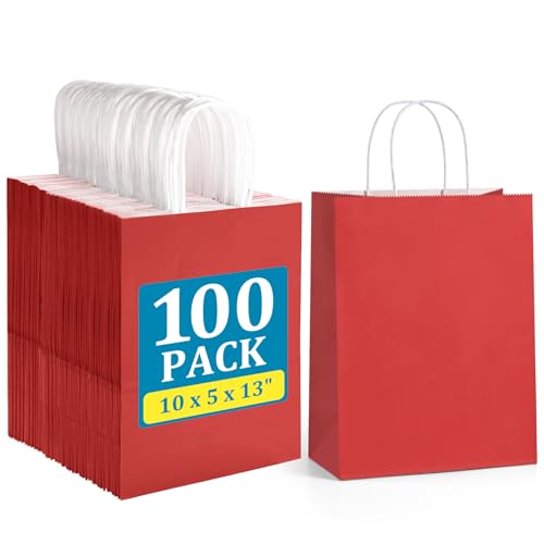 BagDream Red Gift Bags 10x5x13 Inch 100Pcs Large Kraft Paper Bags Bulk for Christmas, Wedding, Party Favors, Business, Retail, Grocery Paper Sacks with Handles - color: Red