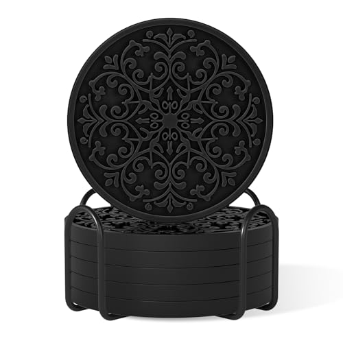 Drink Coasters, Coasters Set of 6 for Cup with Holder, Non-Slip Silicone Cup Mats for Hot and Cold Drinks, Cute Absorbent Coffee Bar Accessories Table Decor, Black - color: Black