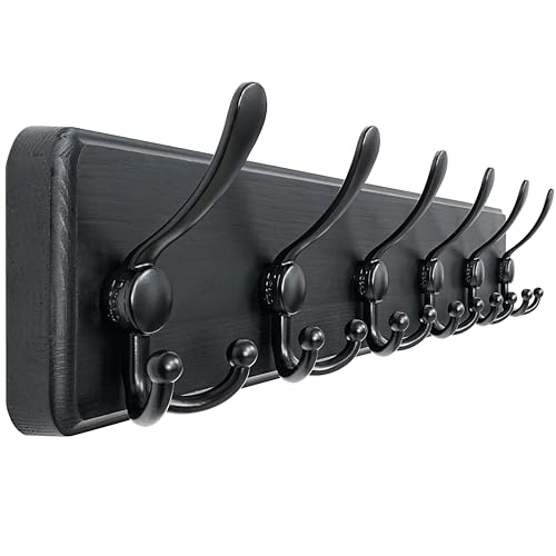 Dseap Coat Rack Wall Mounted - 24" Long 6 Tri Hooks, Heavy Duty Wooden Wall Coat Hanger Coat Hook for Clothes Hat Jacket Clothing, Black - color: Black, size: L=24"