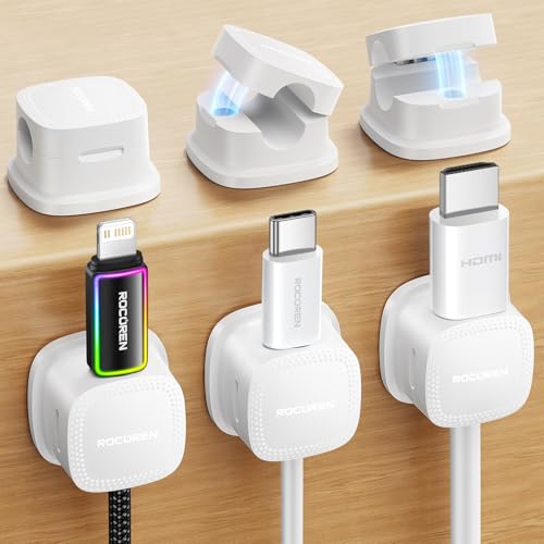 6-Pack Magnetic Cable Clips, Rocoren Smooth Adjustable Adhesive Cord Organizer, Desk Cable Management Wire Holder Keeper Cables Staples for Nightstand Home Office Desk Car Phone Wall Desktop - color: 6-White
