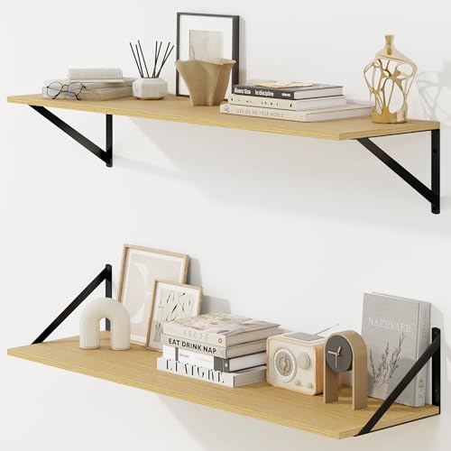 Fun Memories Deep Floating Shelves for Wall, 36W x 8D Wall Mounted Shelves Set of 2, Wide Display Ledge Shelf with Sturdy Metal Brackets for Living Room, Bathroom, Bedroom and Kitchen, Oak - color: A-oak, size: 36"w x 8"d