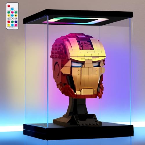 Clear Acrylic Display Case with Light for Lego Helmet, Multiple Color Lights Dustproof Protection Display Box for Collectibles Action Figures（7×7×9inch） - size: 7*7*9 in