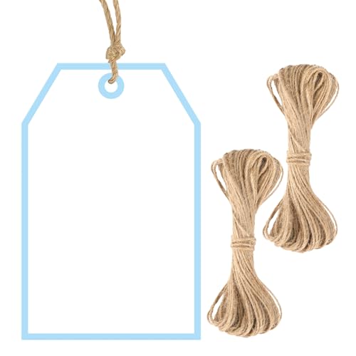G2PLUS Gift Tags with String 100Pcs: Blue Blank Gift Bag Tag 3.3x2.2 in White Paper Label for Baby Shower, Wedding, Birthday, Holiday Party Favors - style: Blue Single Border
