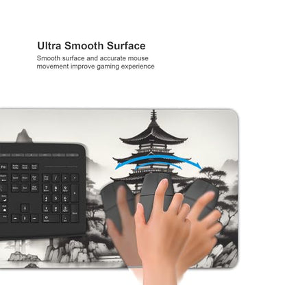 Extra Large Mouse Pad, Chinese Ink Wash Painting Design, 35.4x15.7 Inches, Gaming Keyboard Pad with Stitched Edges and Anti-Slip Rubber Base - color: tower