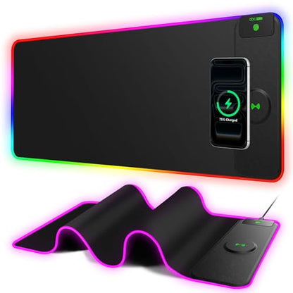 RGB Gaming Mouse Pad with 15W Magnetic Wireless Charger, 31.5'' x 11.8'' Large LED Desk Mat, 24 Lighting Effects Keyboard Pad with Non-Slip Rubber Base, Waterproof Ultra-Smooth Surface - color: RGB-31.5"x11.8"-Magnetic Charging